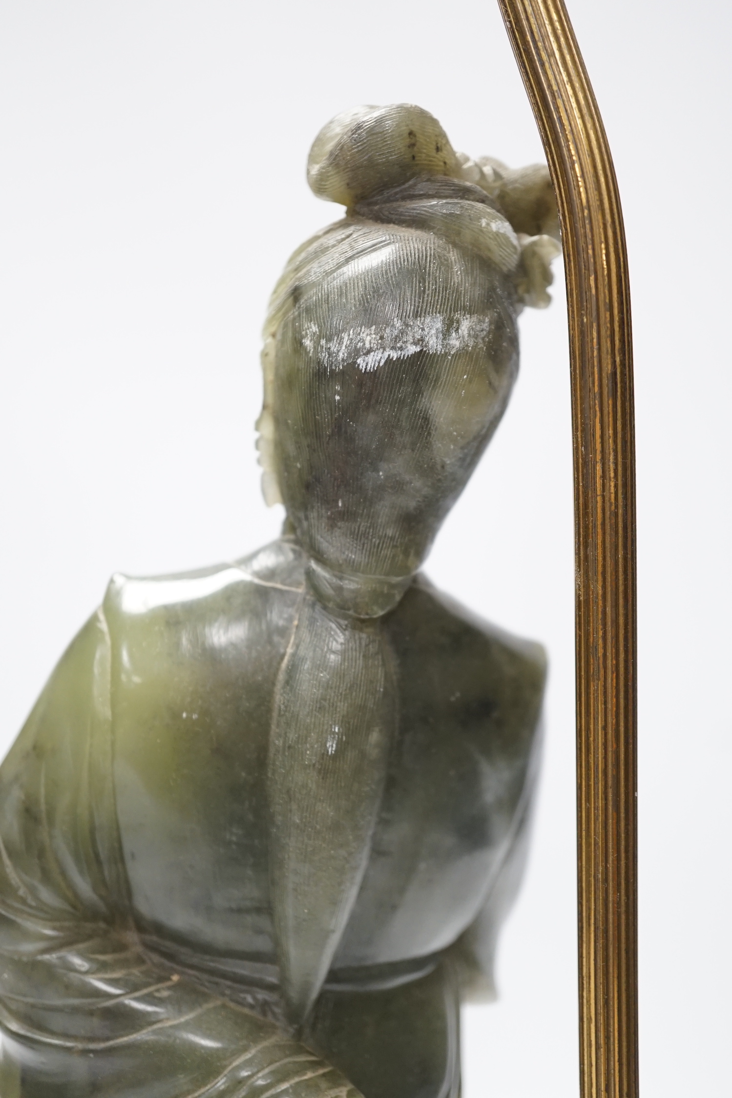 A Chinese carved soapstone figural lamp, 48cm total